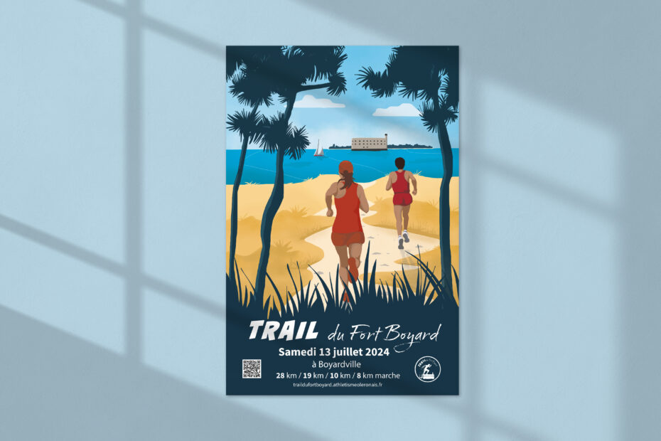 Affiche illustrée représentant le trail du Fort Boyard sur l’île d’Oléron